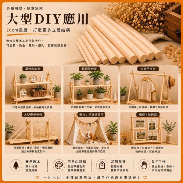 櫸木圓棒(5入) 長度20cm 直徑6~30mm｜實木棒｜圓棒｜木棍｜模型拼裝｜DIY手作｜美術工藝材料 櫸木圓棒,櫸木棒,實木棒,圓棒,木棍,木棒,木製圓棒,DIY材料,模型材料,模型拼裝,木工材料,美術工藝材料,創客材料,木工DIY,天然木材,30cm圓棒