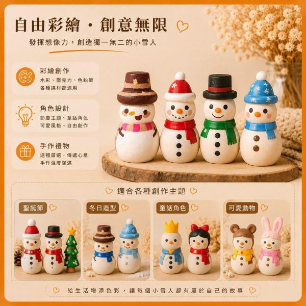 彩繪木頭雪人 4入【中羿創客+】｜聖誕雪人｜木製雪人｜彩繪白胚｜DIY材料｜美勞材料｜畫畫素材 彩繪木頭雪人,聖誕雪人,木製雪人,彩繪白胚,DIY材料,美勞材料,畫畫素材,親子手作,幼兒園美勞,聖誕DIY,聖誕擺飾,天然原木,手作素材,木工材料