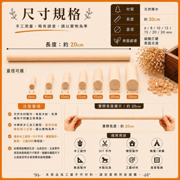 樺木圓棒(5入) 長度20cm 直徑6~30mm｜實木棒｜圓棒｜木棍｜模型拼裝｜DIY手作｜美術工藝材料 樺木圓棒,實木棒,木棍,木棒,木製圓棒,DIY材料,模型材料,模型拼裝,木工材料,工藝材料,美術材料,創客材料,木工DIY,天然木材,圓木棒,30cm圓棒