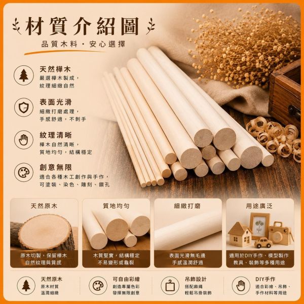 樺木圓棒(5入) 長度30cm 直徑6~30mm｜實木棒｜圓棒｜木棍｜模型拼裝｜DIY手作｜美術工藝材料 樺木圓棒,實木棒,木棍,木棒,木製圓棒,DIY材料,模型材料,模型拼裝,木工材料,工藝材料,美術材料,創客材料,木工DIY,天然木材,圓木棒,30cm圓棒