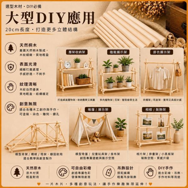 桐木圓棒(5入) 長度20cm 直徑6~30mm｜實木棒｜圓棒｜木棍｜模型拼裝｜DIY手作｜美術工藝材料 桐木圓棒,桐木棒,實木棒,圓棒,木棍,木棒,木製圓棒,DIY材料,模型材料,模型拼裝,木工材料,美術工藝材料,創客材料,木工DIY,天然木材,20cm圓棒