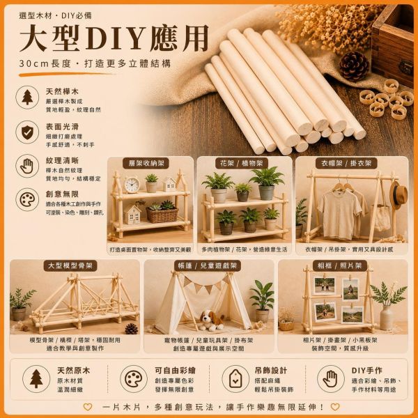 樺木圓棒(5入) 長度30cm 直徑6~30mm｜實木棒｜圓棒｜木棍｜模型拼裝｜DIY手作｜美術工藝材料 樺木圓棒,實木棒,木棍,木棒,木製圓棒,DIY材料,模型材料,模型拼裝,木工材料,工藝材料,美術材料,創客材料,木工DIY,天然木材,圓木棒,30cm圓棒