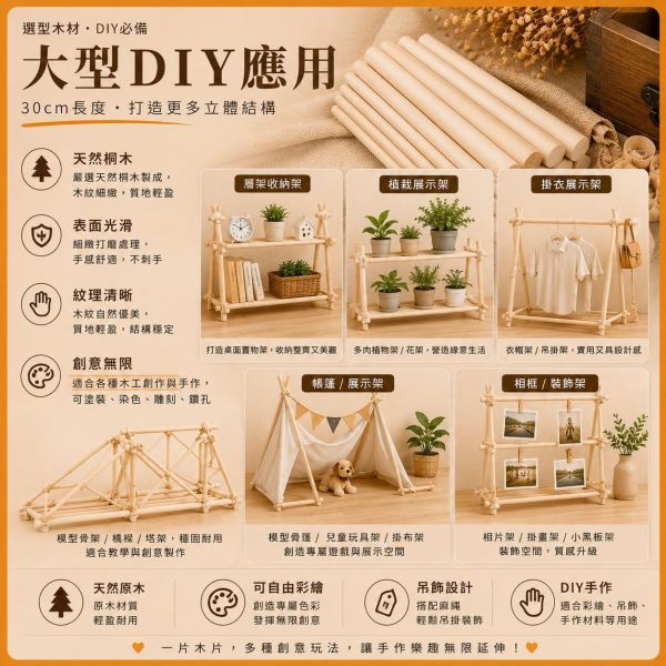 桐木圓棒(5入) 長度30cm 直徑6~30mm｜實木棒｜圓棒｜木棍｜模型拼裝｜DIY手作｜美術工藝材料 桐木圓棒,桐木棒,實木棒,圓棒,木棍,木棒,木製圓棒,DIY材料,模型材料,模型拼裝,木工材料,美術工藝材料,創客材料,木工DIY,天然木材,30cm圓棒