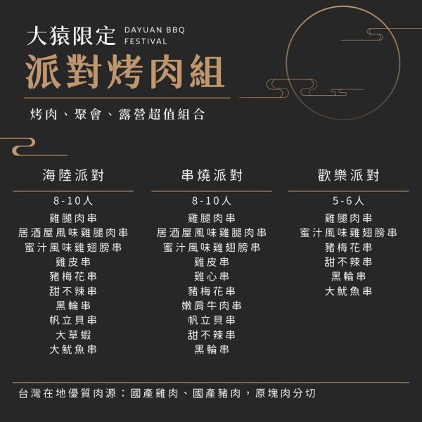 【大猿串燒】海陸派對10品烤肉套餐 (8–10 人份) 台中烤肉食材批發, 露營食材批發, 職人備料, 穩定成本, 大魷魚串, 烤肉套餐推薦, 台中串燒自取, 專業準備, 小額補貨, 產地信賴