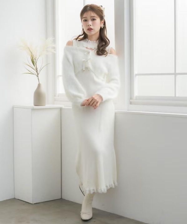 ROJITA 針織洋裝 × 露肩開襟外套套組 黑色 / 白色 / F碼 