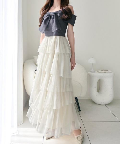 mily bilet 蝴蝶結上衣拼接薄紗裙吊帶連身裙 米白色 / 黑色 / 粉色 / M碼 