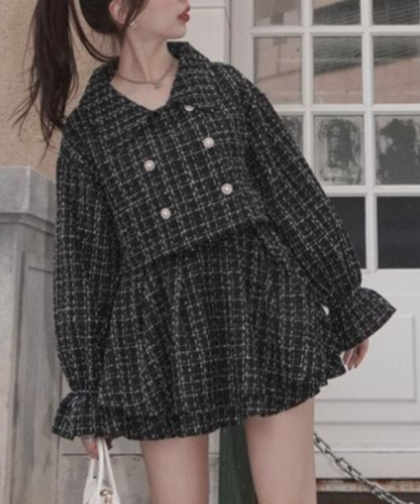 GRL 粗花呢外套 × 荷葉迷你裙套裝 長袖 黑色 / 象牙白 / L碼 