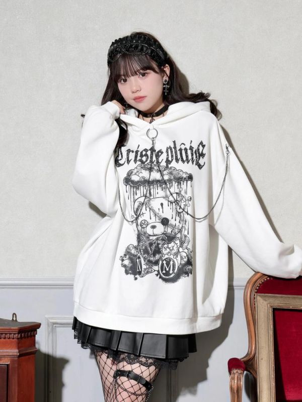 NOEMIE 病嬌小熊毛絨耳朵鏈條連帽衣 長袖帽T / 白色 / M碼 