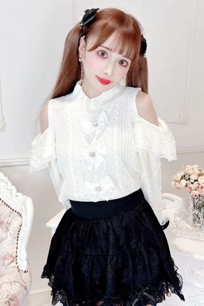 MARS Princess Melody 三重緞帶開肩絞花針織衫 粉色 / 白色 / F碼 