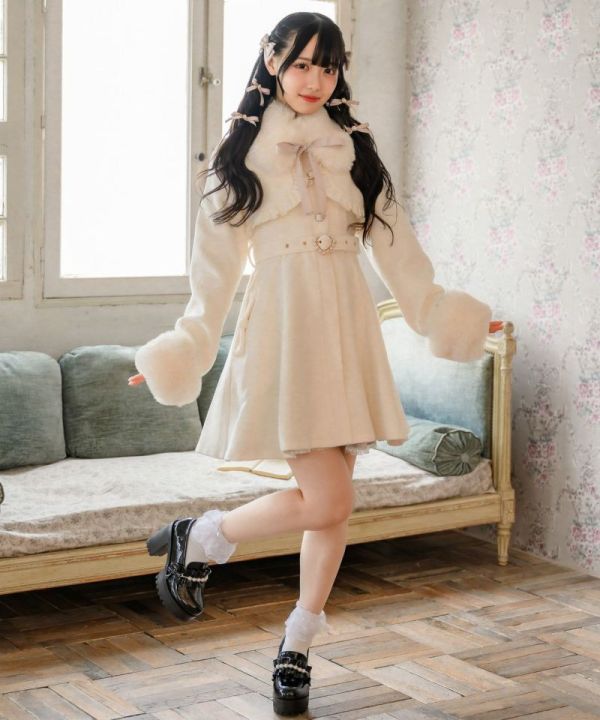 ROJITA 毛絨披肩蓬鬆袖外套 粉色 / 白色 / F碼 