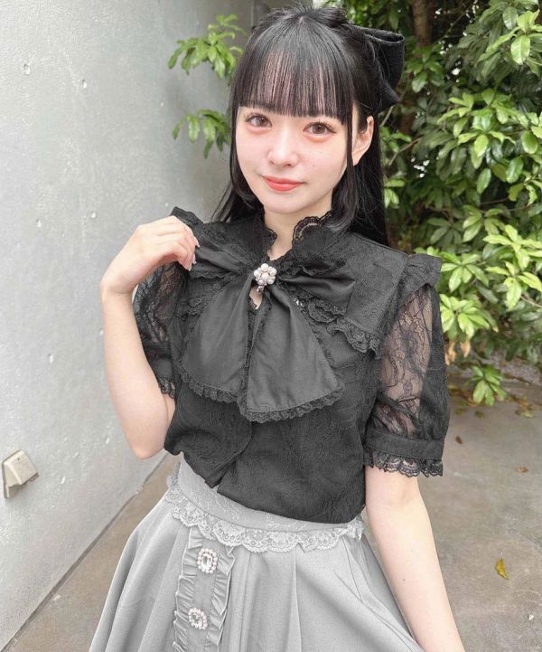 ROJITA 薄紗緞帶蕾絲上衣 黑色 F碼 