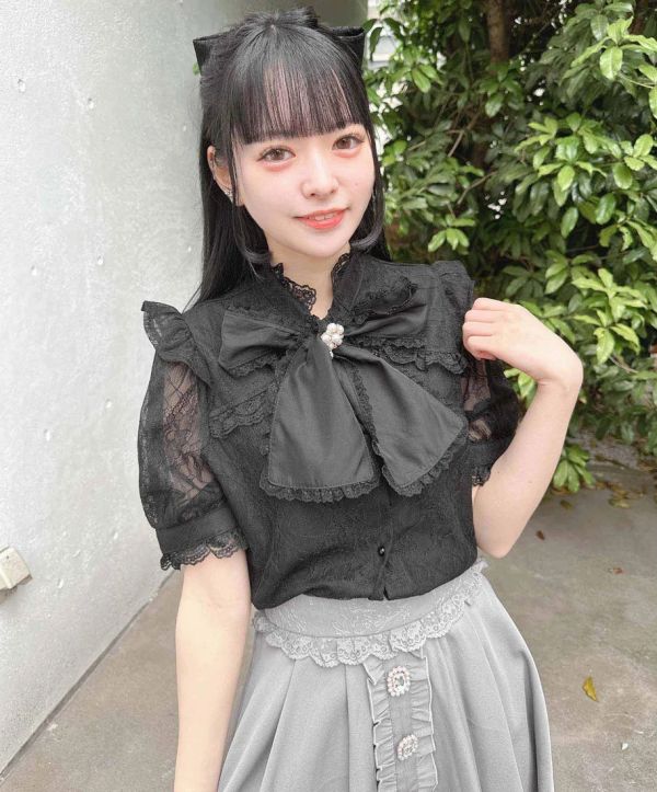 ROJITA 薄紗緞帶蕾絲上衣 黑色 F碼 