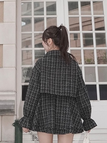 GRL 粗花呢外套 × 荷葉迷你裙套裝 長袖 黑色 / 象牙白 / L碼 