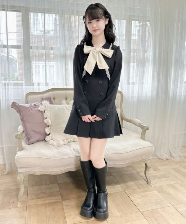 ROJITA 前蝴蝶結設計短外套 與 百褶裙擺吊帶裙 (外套+JSK洋裝) 黑色 F碼 