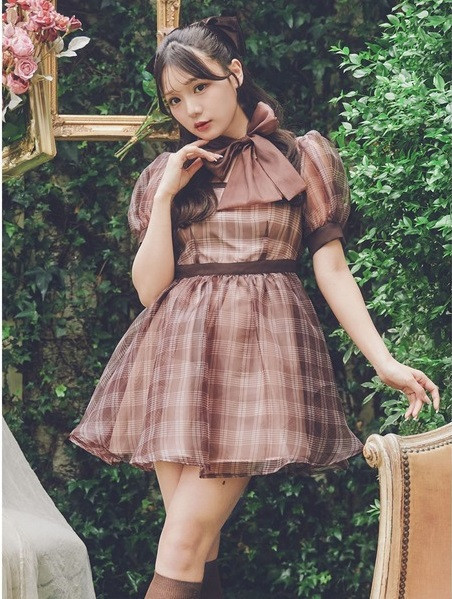 Me roir 格紋歐根紗洋裝 咖啡色 / M碼 