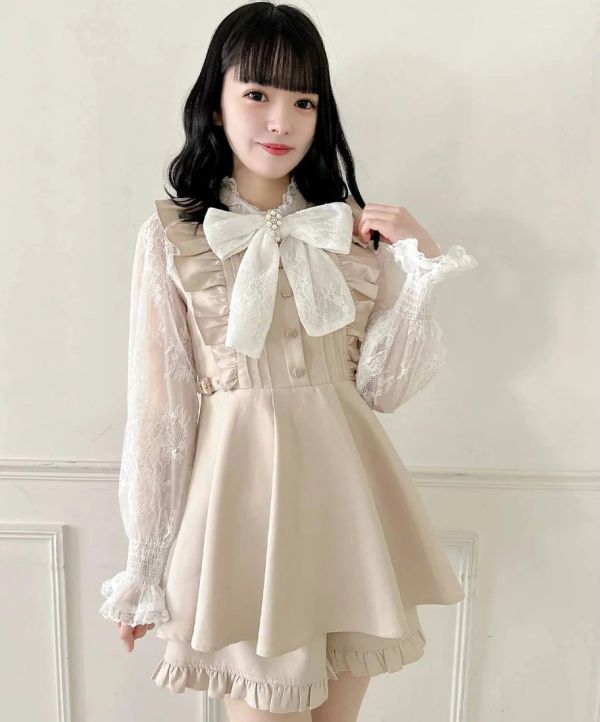 ROJITA 蕾絲袖子大蝴蝶結套裝 黑色 / 粉色 / 淺褐色 / F碼 