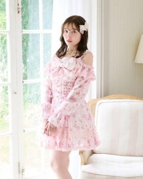 LIZLISA 花卉蕾絲束身衣風洋裝 長袖 / 粉色 / 白色 / 藍色 / F碼 