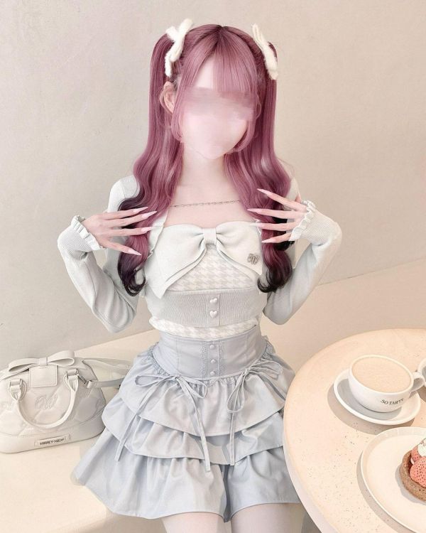 HONEYMEW 大蝴蝶結愛心鏈條套裝上衣 藍色 / F碼 