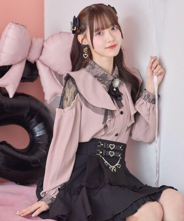 ROJITA 優愛同款 明天我會成為誰的女友 荷葉邊露肩襯衫 均碼 粉色 