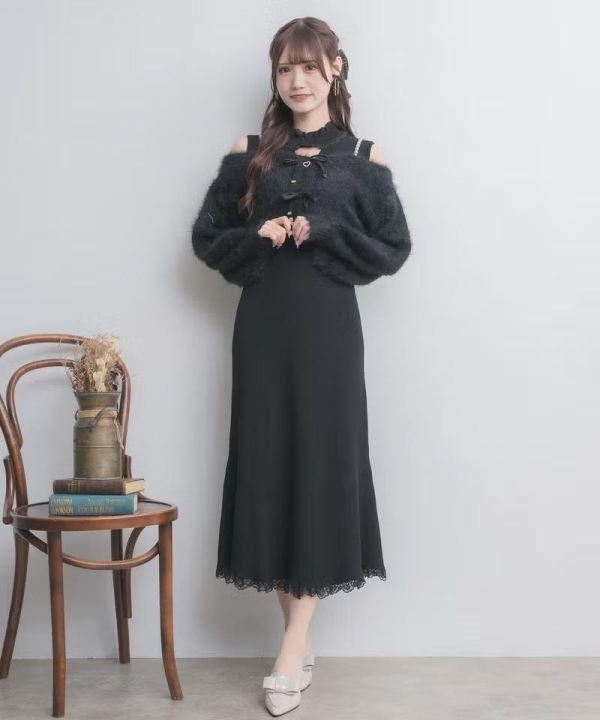 ROJITA 針織洋裝 × 露肩開襟外套套組 黑色 / 白色 / F碼 