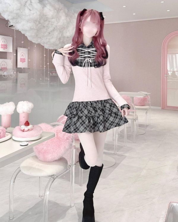 HONEYMEW 綁帶拼接格紋洋裝 長袖 /白色 / 粉色 / F碼 
