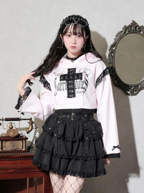 NOEMIE 兔耳哥德十字架短版連帽衣 粉色 / 白色 / 黑色 / M碼 