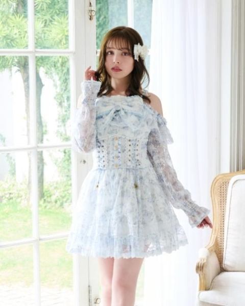 LIZLISA 花卉蕾絲束身衣風洋裝 長袖 / 粉色 / 白色 / 藍色 / F碼 