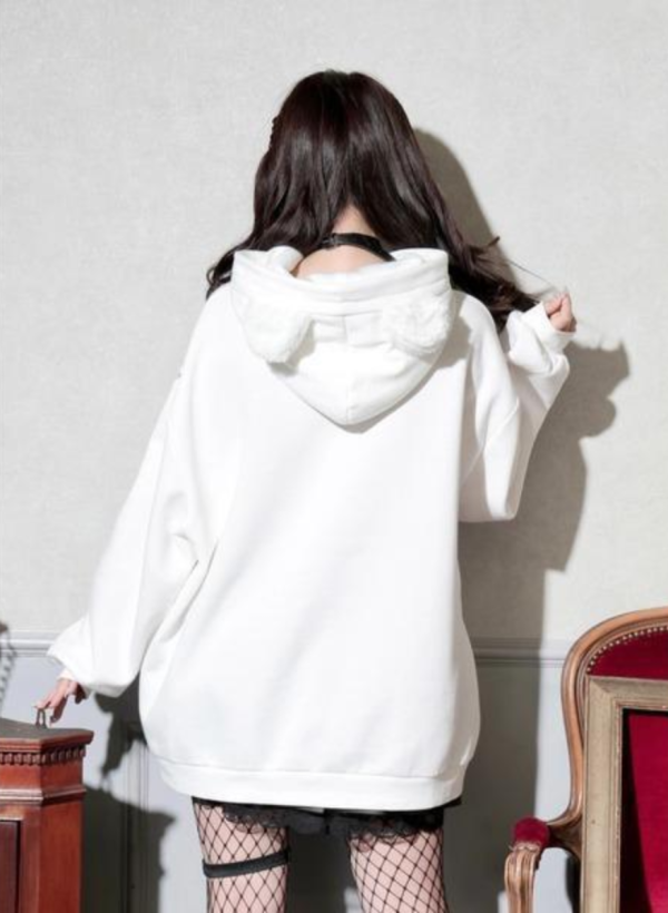 NOEMIE 病嬌小熊毛絨耳朵鏈條連帽衣 長袖帽T / 白色 / M碼 