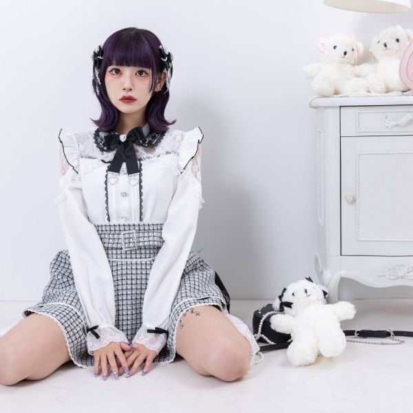 DearMyLove 蕾絲荷葉邊愛心寶石裝飾襯衫 白色 /  L碼 
