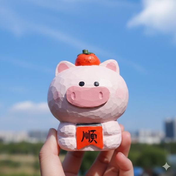 豬柿順利木雕桌面擺飾 