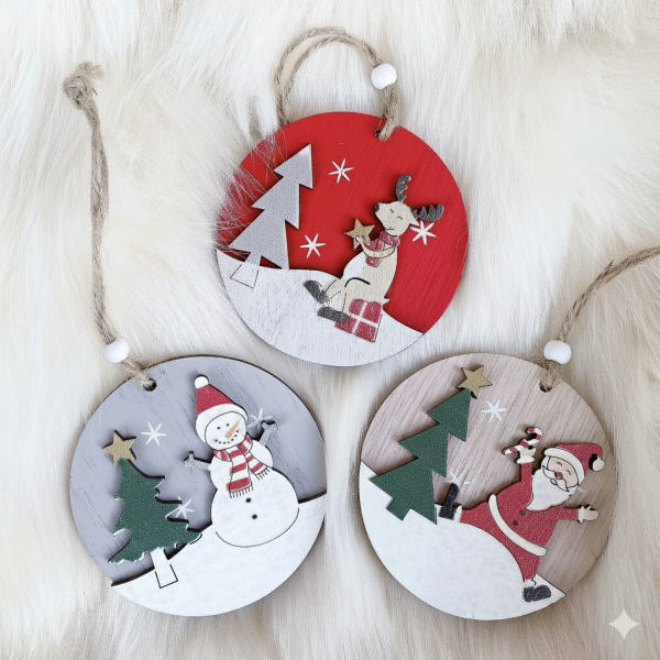 木質圓形聖誕掛件三件套 