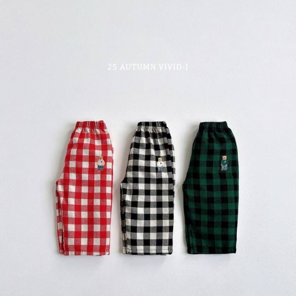Vivid-i/格紋長褲/刺繡/熊熊/居家/外出/好搭配/3色/預購 Vivid-i/格紋長褲/熊熊/居家/外出/好搭配/3色/日常穿搭/正韓童裝/韓國童裝/童裝/秋裝