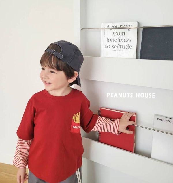 Peanuts house 花生家/長袖上衣/袖子條紋/薯條/拼接/美式 Peanuts house 花生家/長袖上衣/袖子條紋/薯條/拼接/美式/正韓童裝/秋裝