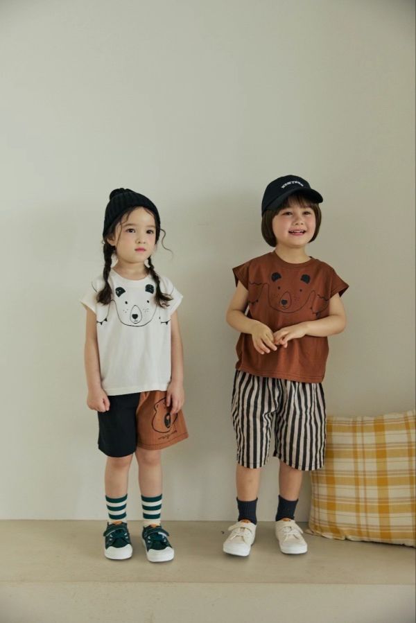 orange mom/2025夏/短袖上衣/熊臉/2色 orange mom/正韓童裝/短袖上衣/熊臉