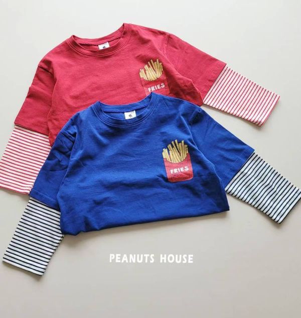 Peanuts house 花生家/長袖上衣/袖子條紋/薯條/拼接/美式 Peanuts house 花生家/長袖上衣/袖子條紋/薯條/拼接/美式/正韓童裝/秋裝
