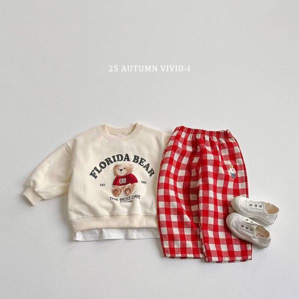Vivid-i/格紋長褲/刺繡/熊熊/居家/外出/好搭配/3色/預購 Vivid-i/格紋長褲/熊熊/居家/外出/好搭配/3色/日常穿搭/正韓童裝/韓國童裝/童裝/秋裝
