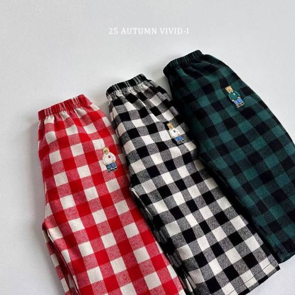 Vivid-i/格紋長褲/刺繡/熊熊/居家/外出/好搭配/3色/預購 Vivid-i/格紋長褲/熊熊/居家/外出/好搭配/3色/日常穿搭/正韓童裝/韓國童裝/童裝/秋裝