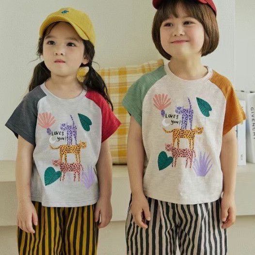 orange mom/2025夏/短袖上衣/彩色花豹/袖子拼接/2色 orange mom短袖上衣/彩色花豹/正韓童裝