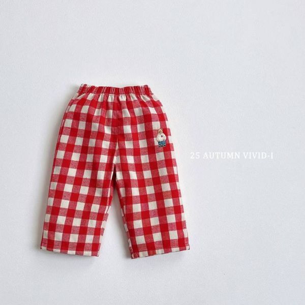 Vivid-i/格紋長褲/刺繡/熊熊/居家/外出/好搭配/3色/預購 Vivid-i/格紋長褲/熊熊/居家/外出/好搭配/3色/日常穿搭/正韓童裝/韓國童裝/童裝/秋裝