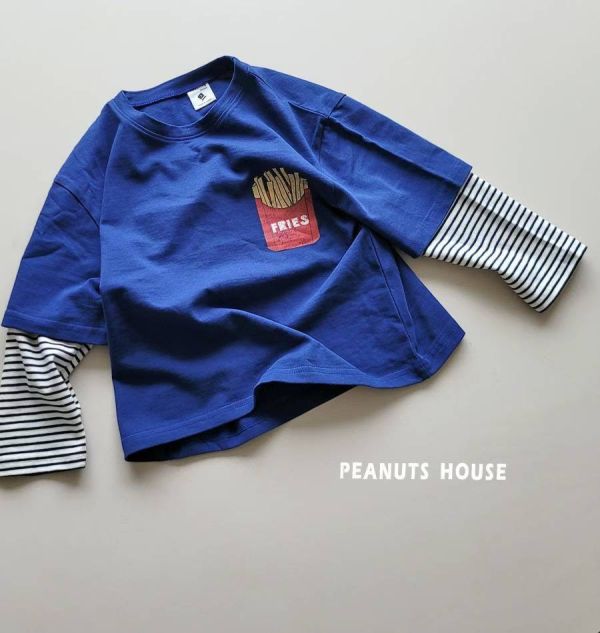 Peanuts house 花生家/長袖上衣/袖子條紋/薯條/拼接/美式 Peanuts house 花生家/長袖上衣/袖子條紋/薯條/拼接/美式/正韓童裝/秋裝