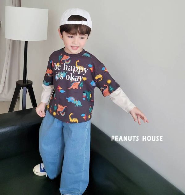 Peanuts house 花生家/長袖上衣/恐龍/拼接/美式風 Peanuts house 花生家/正韓童裝/短袖上衣/袖子蕾絲邊