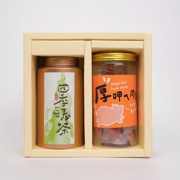 【茶食禮盒】鮮爽四季春茶150g＋厚呷ㄟ肉乾(2罐裝/盒) 