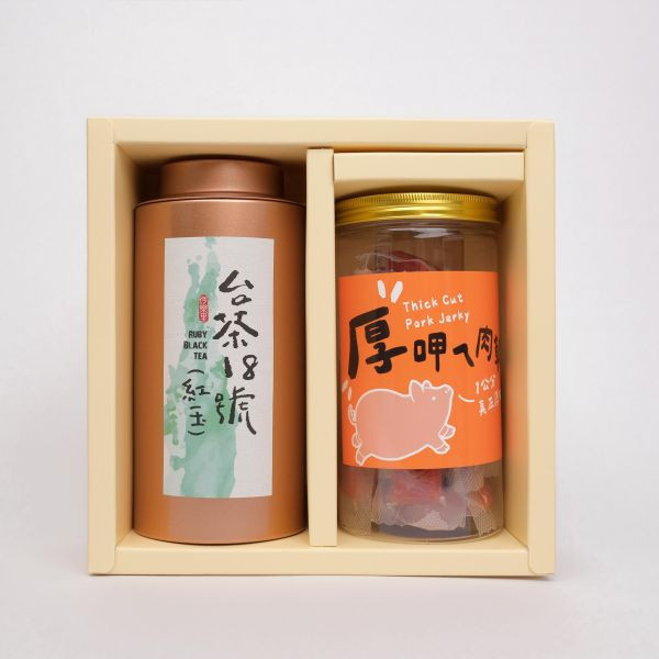 【茶食禮盒】手採台茶18號(紅玉紅茶)75g＋厚呷ㄟ肉乾(2罐裝/盒) 
