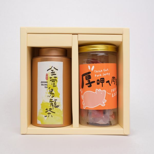 【茶食禮盒】淡雅金萱烏龍茶150g＋厚呷ㄟ肉乾(2罐裝/盒) 