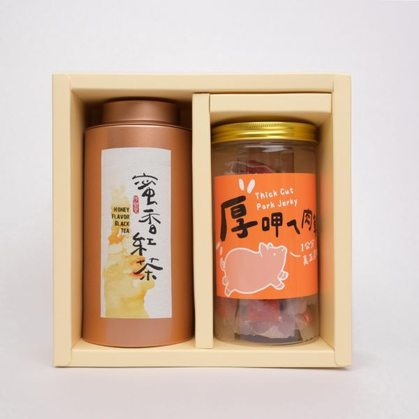 【茶食禮盒】嚴選蜜香紅茶75g＋厚呷ㄟ肉乾(2罐裝/盒) 