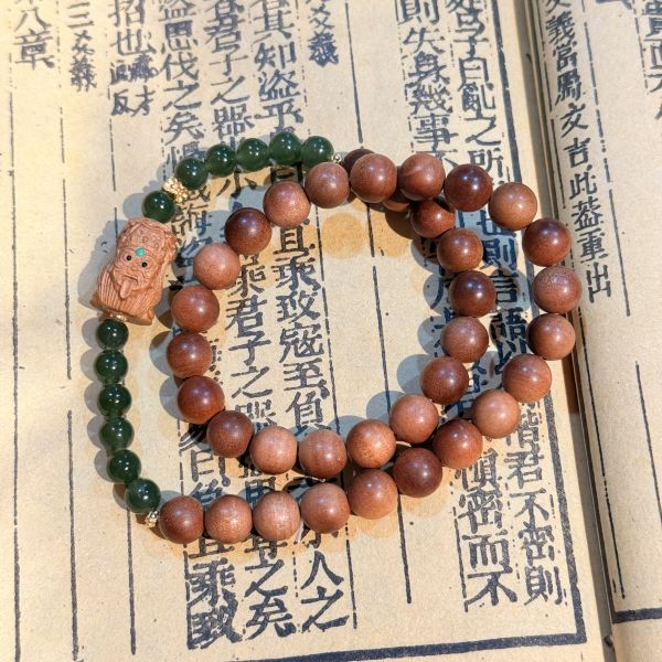 原創設計款｜坐蓮扎基 老山檀 雙圈設計款 碧玉 扎基拉姆 扎基娘娘 藏地女財神 招財 