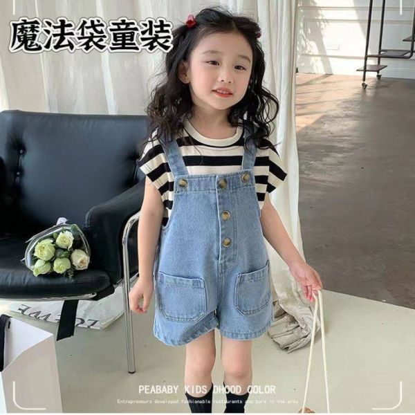 萌娃必備！韓系牛仔吊帶短褲 