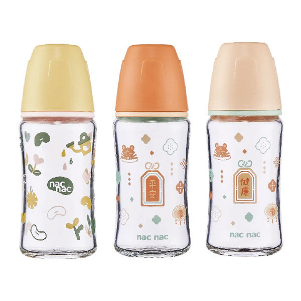 nac nac 妍心35%晶透防脹氣玻璃寬口奶瓶3M+ 240ml(3款可選) 