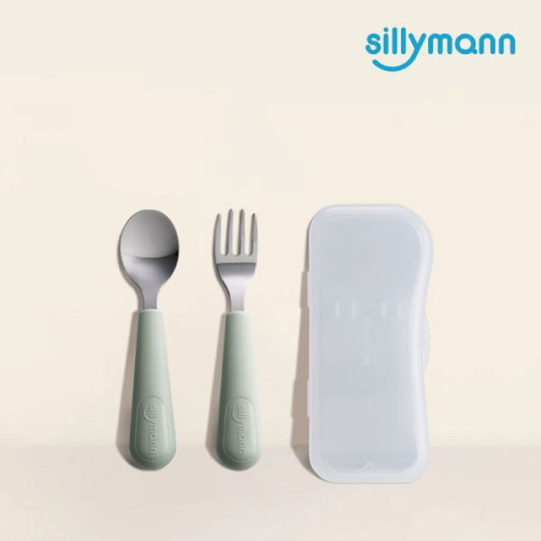 韓國sillymann 100%鉑金矽膠不鏽鋼幼童湯匙叉子餐具組(附防塵盒) 