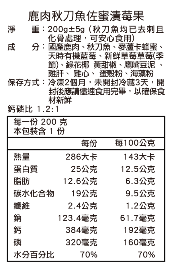 鹿肉秋刀魚佐蜜漬莓果 | 超級主食包 200g 